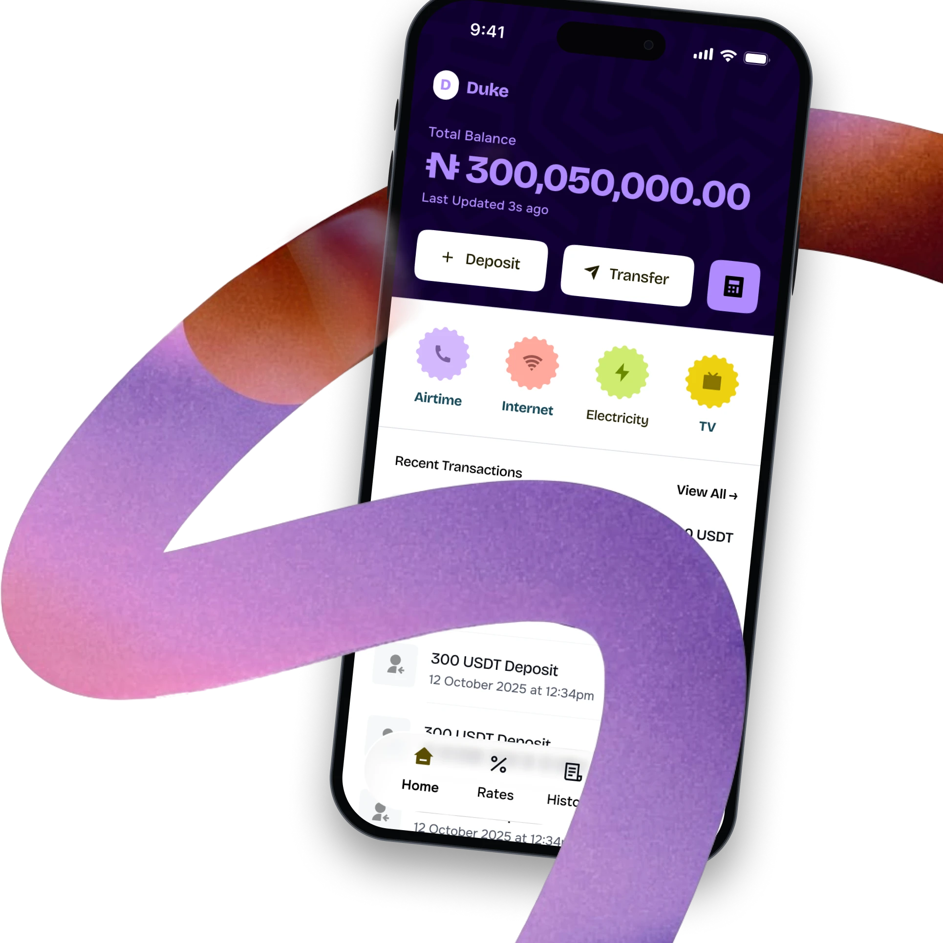 The Tranzat app home screen showing a ₦300,050,000.00 balance